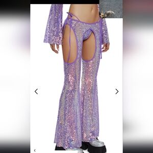 Club Exx Top + Chaps Sequin Purple Bikini Top Flare Pants 3-PC Set S NWT
